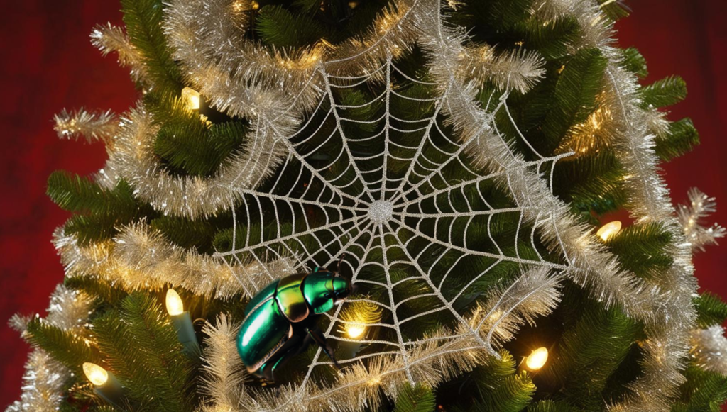 Insect-inspired Christmas traditions: Our imagined Christmas tree with Christmas Beetles and Spider Web as ornaments.